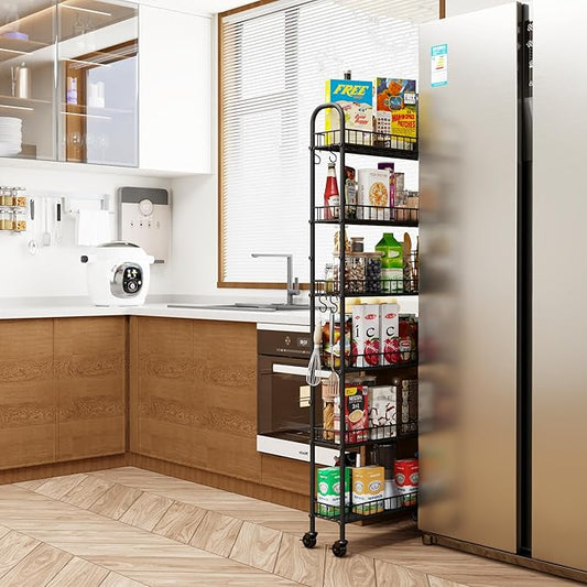 Slim Rolling Storage Cart with Wheels, Metal 6 Tier Mobile Shelving Unit Organizer Kitchen Utility Cart for Office Bathroom Kitchen Laundry Room Narrow Places (6inches)