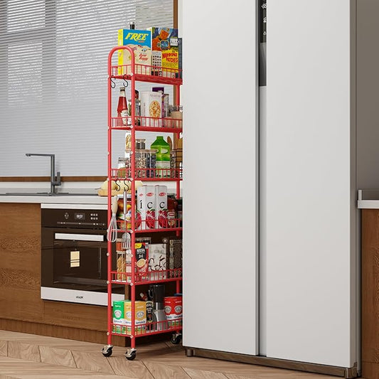 Slim Rolling Storage Cart 6 Tier, Metal Kitchen Rolling Utility Cart with Lockable Wheels for Kitchen, Bathroom, Office, Laundry Room, Small Narrow Spaces (Red 6 Inches)