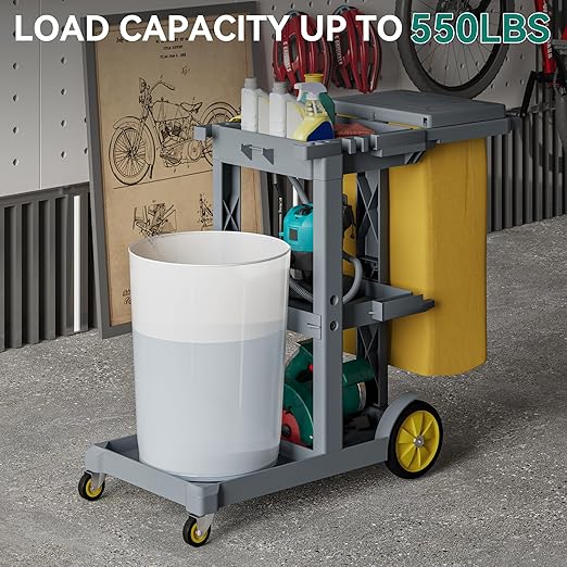 YITAHOME Janitorial Cart Cleaning Carts on Wheels, Gray Housekeeping Cart, 3 Shelf Commercial Plastic Janitor Carts, with 2 Yellow 25 Gallon Vinyl Bag & Rubber Gloves for Restaurant Hotel Home