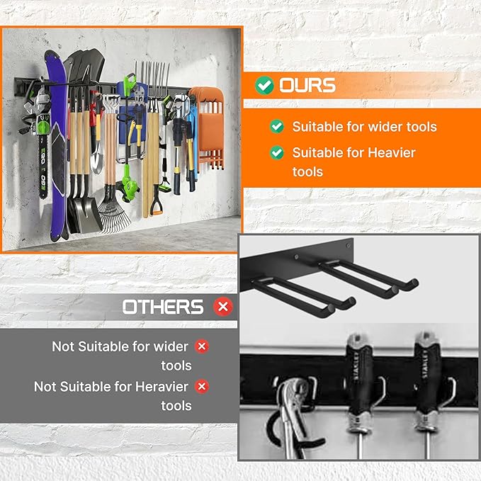"96 Garage Tool Organizer Wall Mount - Heavy Duty 1020 lbs Metal Storage Rack, Easy Install Adjustable Hooks for Garden Tools Brooms
