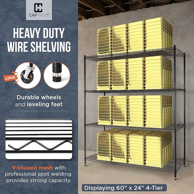 CAPHAUS NSF Commercial Grade Wire Shelving w/Wheels, Leveling Feet & Liners, Storage Metal Shelf, 48 x 18 x 76 4-Tier No Liner (RWW-CH48184HDW-BK@CH-CM)