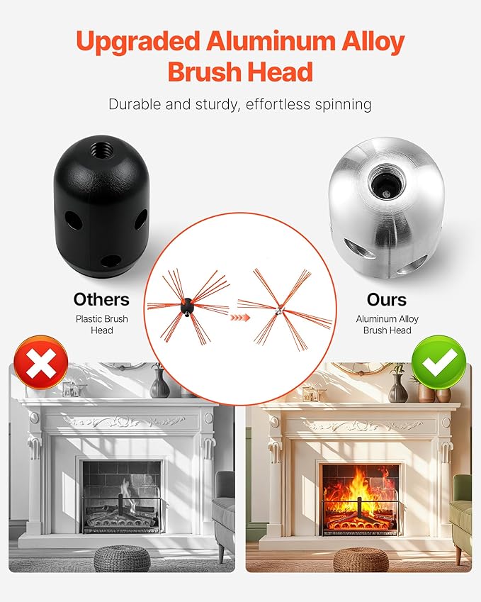 VEVOR Chimney Sweep Kit, 30 ft Maximum Extendable Length Chimney Sweep, Chimneys Cleaning Kit with Bristle Replacements & Goggles, 90° Bendable Fireplace Cleaning Tool, for Square, Rectangle Chimneys