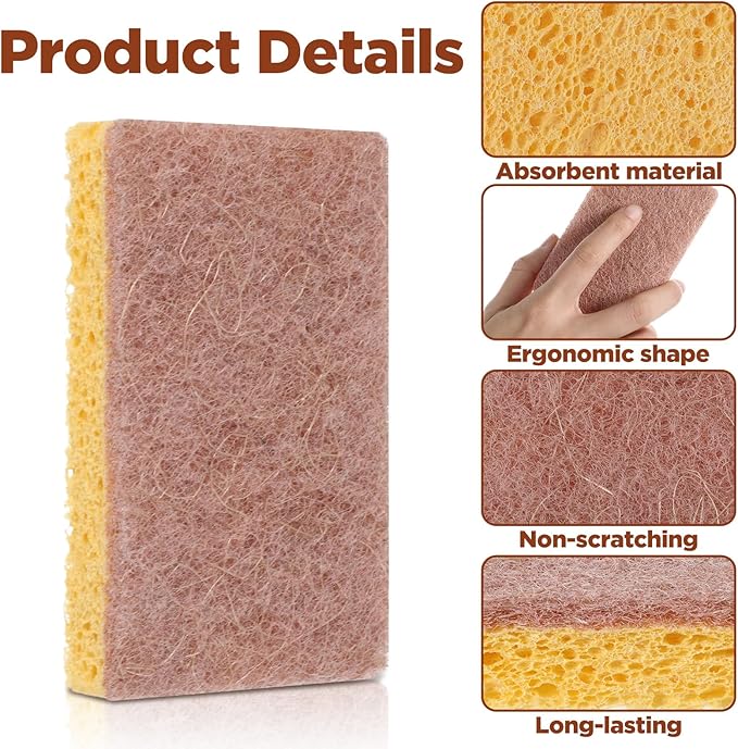 24 Pack Natural Kitchen Sponges – Eco-Friendly, Wood Pulp & Sisal Fiber Sponges for Dishes, Non-Scratch Cleaning