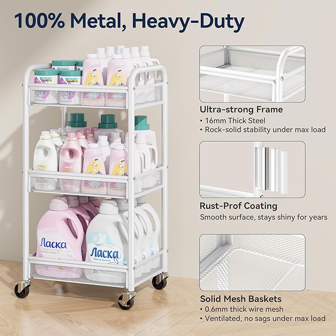 YASONIC 3 Tier Rolling Cart – Metal Utility Storage Carts with Wheels, Craft Carts Organizer with Hanging Cups, Hooks, Mesh Basket for Bedside Kitchen Office Art, White