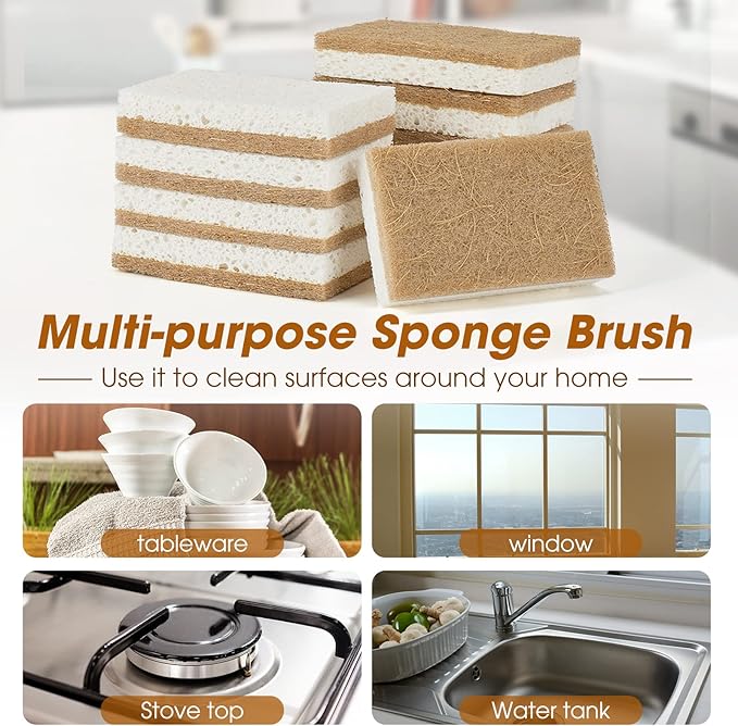 10 Pack Nature Dish Sponge - Natural Kitchen Sponge - Coconut Fiber and Wood Cellulose Scrubber