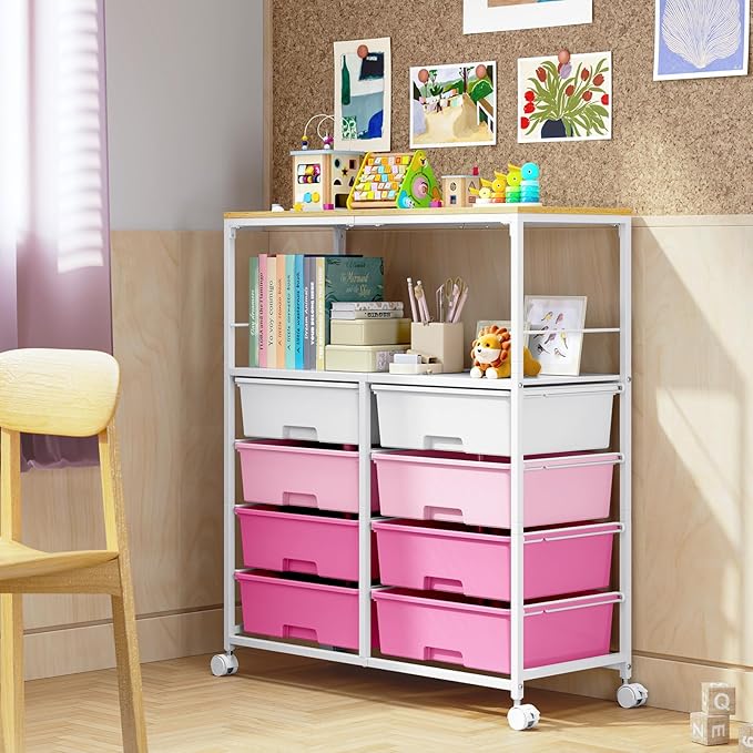 Rolling cart with 8 drawers,Storage drawer cart with wooden tabletop,Lockable wheels organizer for homeschool, arts & crafts, classroom, office & creative spaces (Pink)