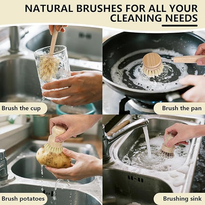 5 Pack Bamboo Dish Brush Set, Wooden Dish Brush with 14’’ Bottle Brush, Natural Kitchen Scrub Brush for Dishes Pots, Pans, Sinks, Woks, Vegetables