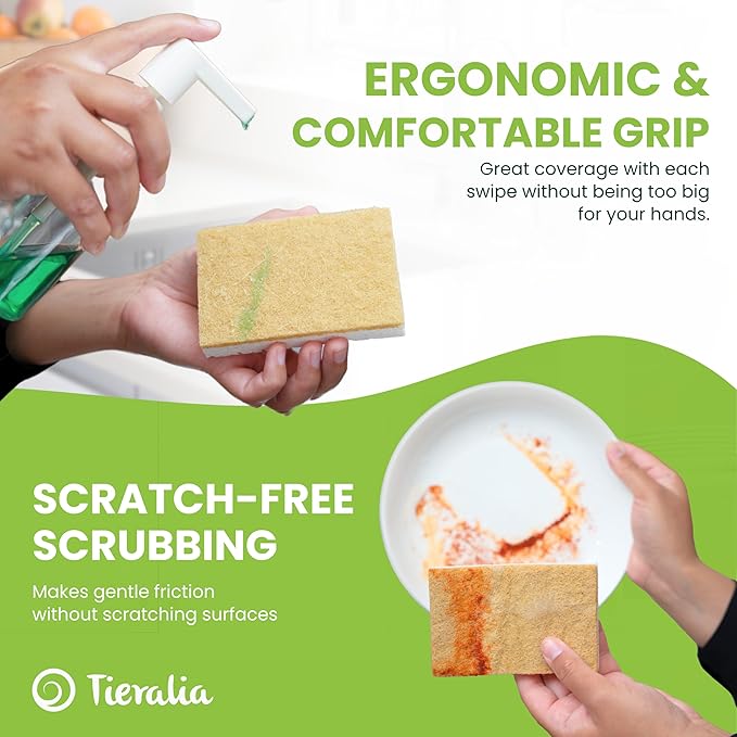 Tieralia Natural Dish Sponge Set – 6-Pack Eco-Friendly & Compostable Scrubbers | Cellulose & Sisal | Non-Toxic, Odor-Free, Reusable Kitchen Sponges for Dishes, Sink, Pots & Pans