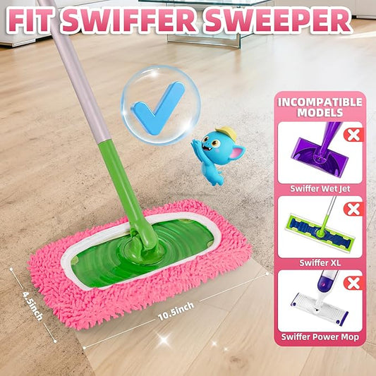 8 Pack Reusable Mop Pads Compatible with Swiffer Sweeper Mop, Wet and Dry Chenille Sweeping Cloths, Washable Pads Refill, Microfiber Pads for Multi-Surface/Hardwood Floor Cleaning (Pink)