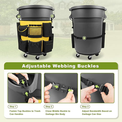 32-55 Gallon Trash Can Caddy Bag, Garbage Bin Apron Caddy with Multiple Pockets for Cleaning Supplies, Cleaning Tool Organizer with Adjustable Buckle for Janitorial Trash Can, Black+Yellow