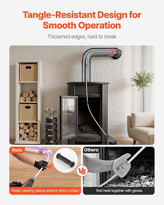 VEVOR Chimney Sweep Kit, 30 ft Maximum Extendable Length Chimney Sweep, Chimneys Cleaning Kit with Bristle Replacements & Goggles, 90° Bendable Fireplace Cleaning Tool, for Square, Rectangle Chimneys