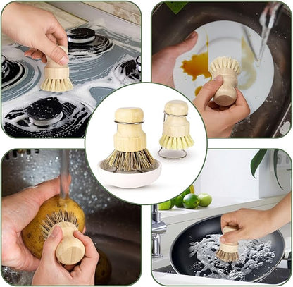 Bamboo Dish Brush Set with Holder - Natural Dish Scrub Brush for Cleaning Dishes, Fast Dry Design Kitchen Dish Brush for Sinks & Pots