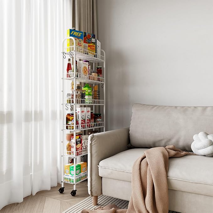 6 Tier Slim Rolling Storage Cart with Wheels, Metal Mobile Shelving Unit Organizer Utility Cart for Office Bathroom Kitchen Laundry Room Narrow Places (White 6 Inches)