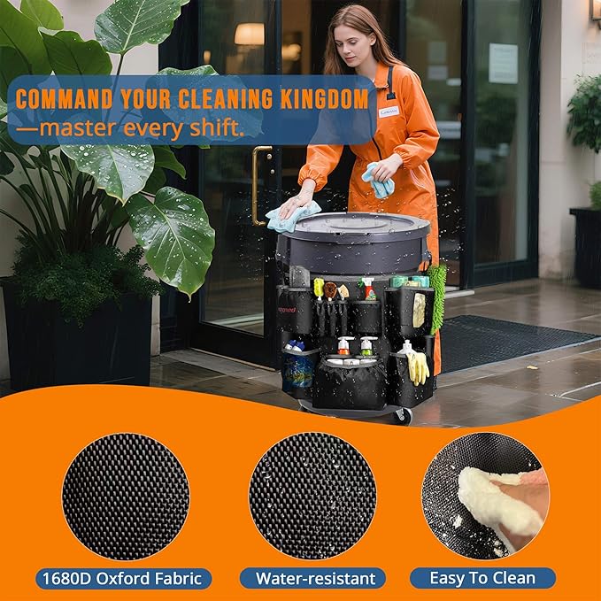 Trash Can Caddy Bag for 32-55 Gallon Garbage Bin, Hongmed Caddy for Commercial Cleaning Supplies, Multi-Pocket Utility Apron with Adjustable Straps, Heavy-Duty Nylon Organizer for Janitorial Duties