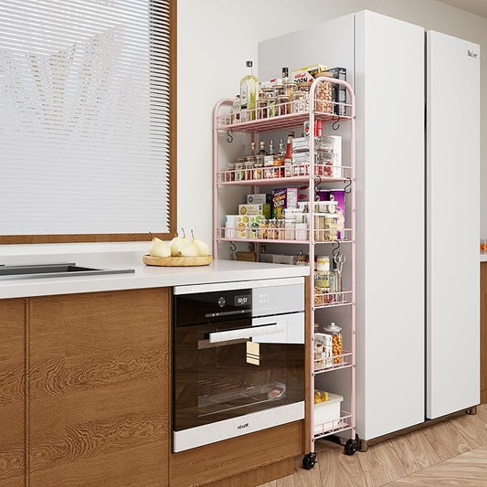 6 Tier Slim Rolling Storage Cart with Wheels, Metal Mobile Shelving Unit Organizer Utility Cart for Office Bathroom Kitchen Laundry Room Narrow Places (Pink 10 Inches)