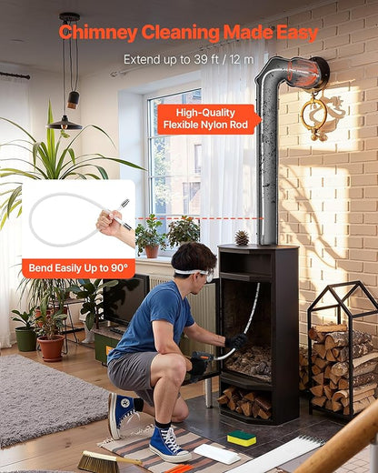 VEVOR Chimney Sweep Kit, 39 ft Maximum Extendable Length Chimney Sweep, Chimneys Cleaning Kit with Bristle Replacements & Goggles, 90° Bendable Fireplace Cleaning Tool, for Square, Rectangle Chimneys
