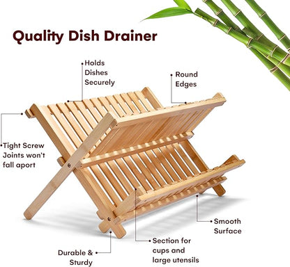Vdomus Bamboo Dish Drying Rack - Foldable Dish Rack for Kitchen - Collapsible & Compact Wooden Plate Holder - Eco-Friendly & Functional Wood Dryer Rack for Plates - Space-Saving Storage Organizer