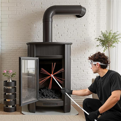 VEVOR Chimney Sweep Kit, 33 ft Maximum Extendable Length Chimney Brush, Chimneys Cleaning Kit with Bristle Replacements & Goggles, 90° Bendable Fireplace Cleaning Tool, for Square, Rectangle Chimneys