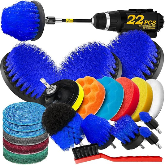 Holikme 22Pack Drill Brush Attachments Set, Scrub Pads & Sponge, Buffing Pads, Power Scrubber Brush, Car Polishing Pad Kit,Wax Applicator Pad,Car Cleaning Kit,Cleaning Supplies,Masonry Brushes(Blue)
