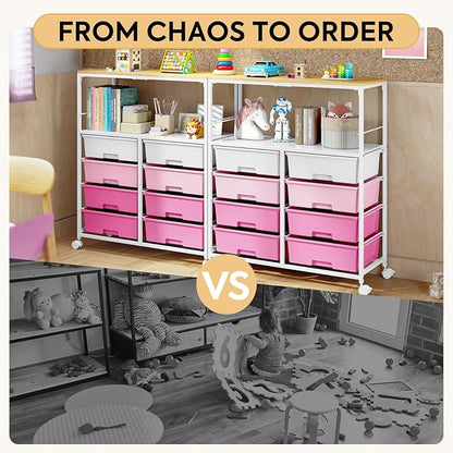 Rolling cart with 8 drawers,Storage drawer cart with wooden tabletop,Lockable wheels organizer for homeschool, arts & crafts, classroom, office & creative spaces (Pink)
