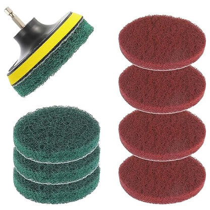 4 Inch Scrub Drill Brush Power Scouring Pads Household Cleaning Set for Kitchen Bathroom 4 Red Pads 4 Green Pads 1 Drill Attachment and 1 Universal Shaft