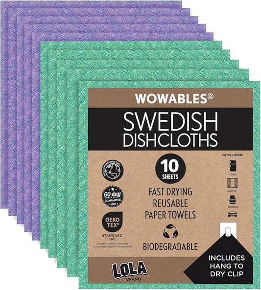 LOLA Swedish Dishcloths for Kitchen 10 Sheets, Biodegradable & Compostable Reusable Paper Towel Cleaning Cloths Zero Waste No Odor Washing Dishes Ultra Absorbent Cellulose Sponge Towel Made in Germany
