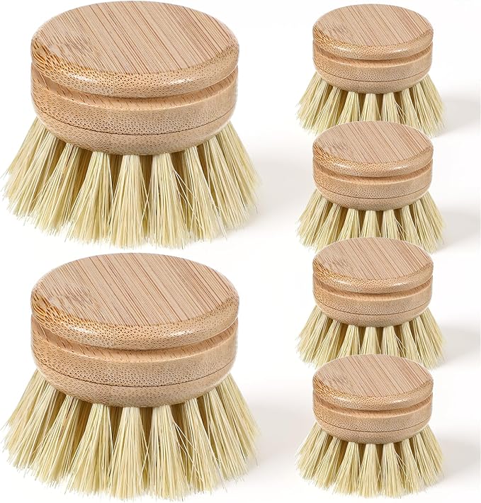 6 Pcs Bamboo Dish Brush Replacement Heads, 1.9 x 1.6 Inch Natural Sisal Bristle Scrubber Wooden Kitchen Dish Brushes for Pots, Pans, Bowls, Dishes Cleaning