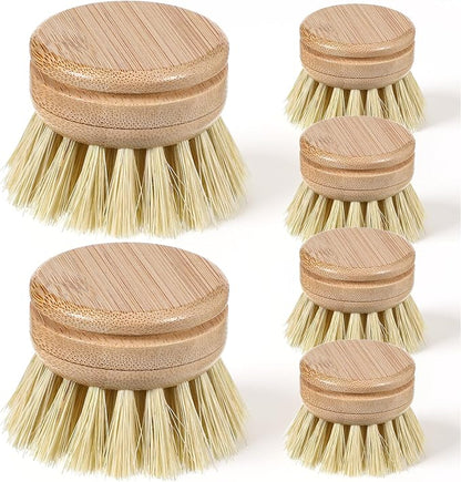 6 Pcs Bamboo Dish Brush Replacement Heads, 1.9 x 1.6 Inch Natural Sisal Bristle Scrubber Wooden Kitchen Dish Brushes for Pots, Pans, Bowls, Dishes Cleaning