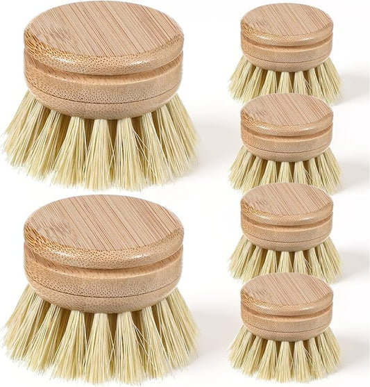 6 Pcs Bamboo Dish Brush Replacement Heads, 1.9 x 1.6 Inch Natural Sisal Bristle Scrubber Wooden Kitchen Dish Brushes for Pots, Pans, Bowls, Dishes Cleaning