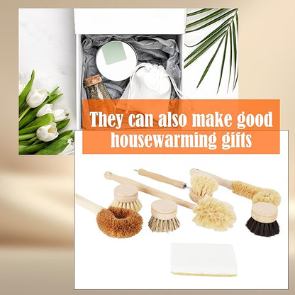 12 Pcs Bamboo Dish Brush Set with 65 Ft Hemp Rope Wooden Palm Pot Brush Natural Scrubbers Brushes Sisal Bristles for Pans, Bottle, Sink Kitchen Cleaning