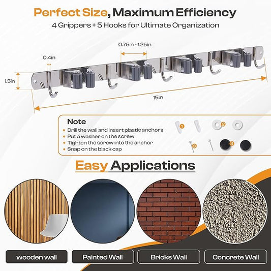 Heavy-Duty Stainless-Steel Broom Holder Wall Mount with 4 Racks and 5 Hooks | Rust Resistant Mop and Broom Hanger | Adjustable, Garage & Garden Tool Organizer | Silver Color