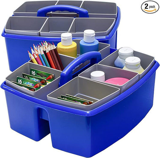 Storex Large Classroom Craft Caddy with Cups, 13 x 11 x 6.575 Inches, Blue, Case of 2 (00985A02C)