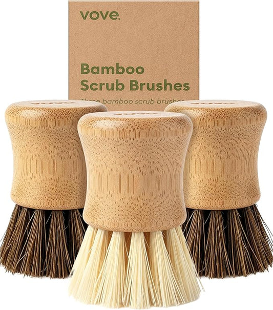 Vove Bamboo Scrub Brush Set, 3 Pack - FSC Certified Bamboo, Plastic-Free Natural Fiber Bristles, Sisal & Union Fibers, Stainless Steel - Kitchen Dish Scrubbing Set, 2 Hard, 1 Medium