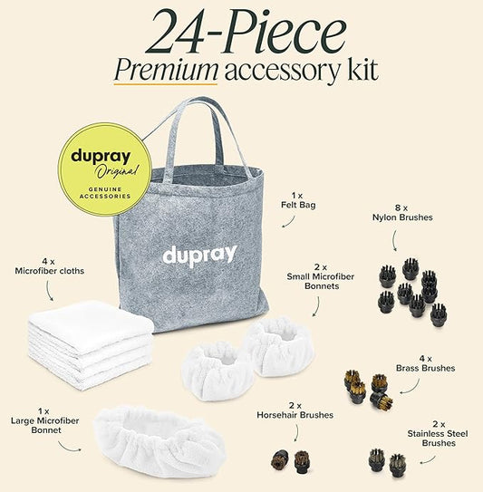 Dupray Steam Cleaning Pack Pro, 24-Piece Accessory Kit for Dupray Steam Cleaners, Microfiber Cloths & Bonnets, Nylon Brass Horsehair Stainless Brushes, Felt Storage Bag