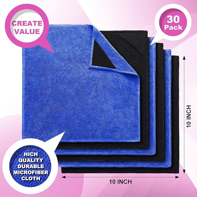 Tudomro 30 Pcs Magnetic Cleaning Cloth Dry Erasers Bulk for White Boards with Most Whiteboards Dry Eraser Reusable Microfiber Cloth Eraser, Home Office, 10'' x 10'' (Black, Blue)