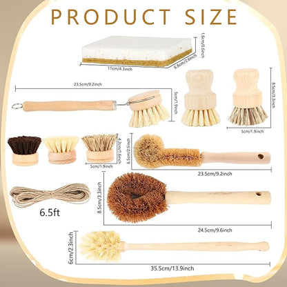 12 Pcs Bamboo Dish Brush Set with 65 Ft Hemp Rope Wooden Palm Pot Brush Natural Scrubbers Brushes Sisal Bristles for Pans, Bottle, Sink Kitchen Cleaning