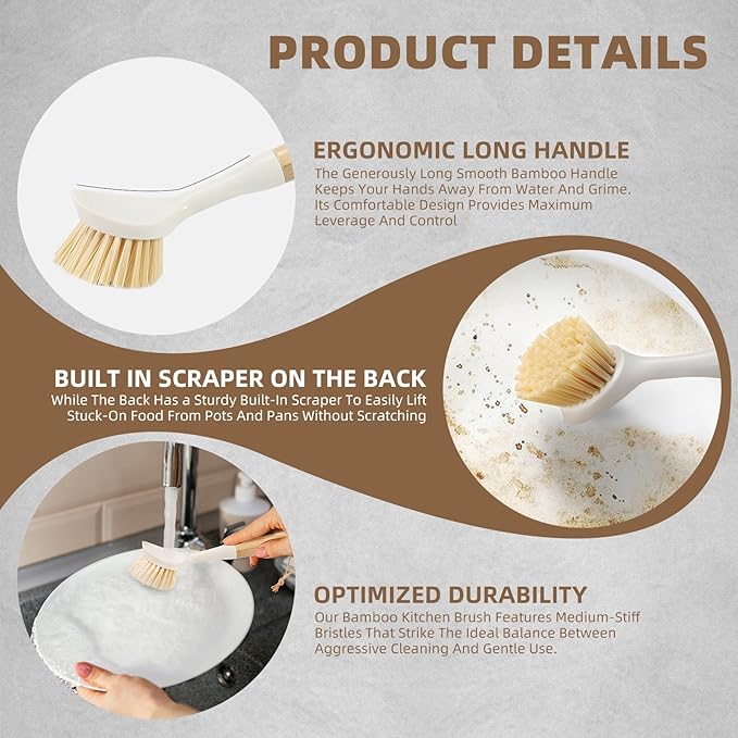 Dish Brush with Built-in Scraper - 4 Pack Bamboo Dish Scrubber Brush with Handle, Kitchen Brushes for Dishes & Pots, Sink, Eco Cleaning Tool Set