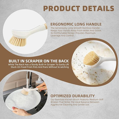 Dish Brush with Built-in Scraper - 4 Pack Bamboo Dish Scrubber Brush with Handle, Kitchen Brushes for Dishes & Pots, Sink, Eco Cleaning Tool Set