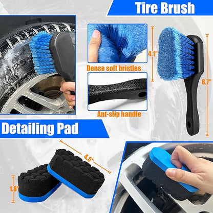 Wheel Brush Kit,Soft Drill Wheel Cleaner Brush, No Scratches Highly Dense Car Cleaning Brush Set for Wheels, Tire, Rims, Engines, Exhaust(Blue + White 3 Pk)
