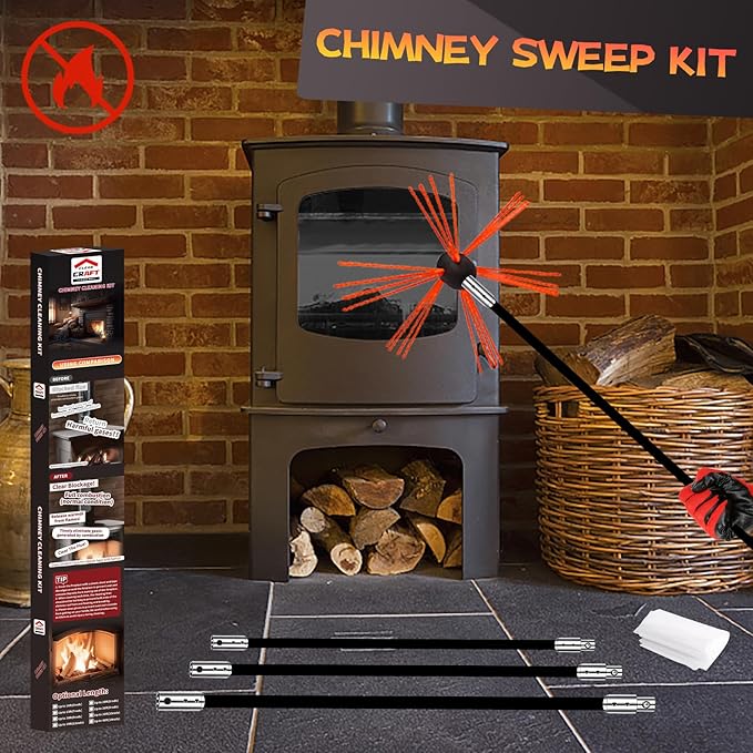 46 Feet Chimney Sweep Kit, Chimney Cleaning Kit with 14 Flexible Black Chimney Rods, Chimney Brush, Rotary Chimney Cleaning System Driven by Drill for Sweeping Fireplace