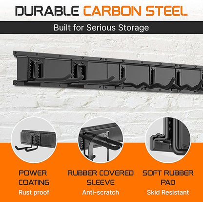 "96 Garage Tool Organizer Wall Mount - Heavy Duty 1020 lbs Metal Storage Rack, Easy Install Adjustable Hooks for Garden Tools Brooms