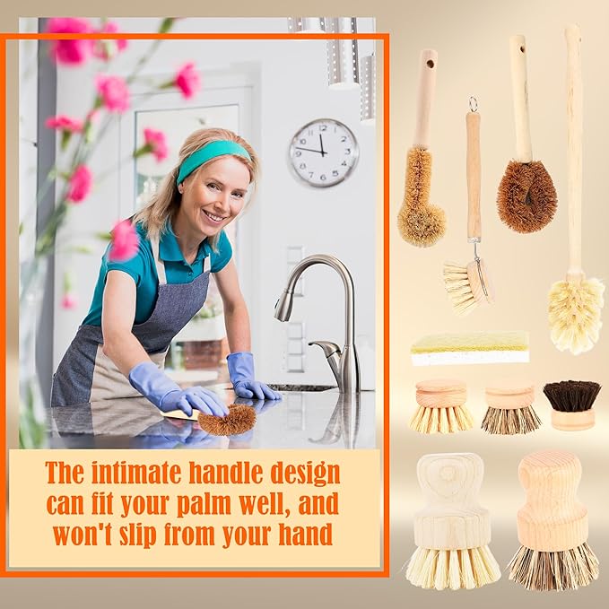 12 Pcs Bamboo Dish Brush Set with 65 Ft Hemp Rope Wooden Palm Pot Brush Natural Scrubbers Brushes Sisal Bristles for Pans, Bottle, Sink Kitchen Cleaning