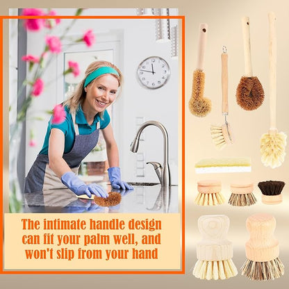 12 Pcs Bamboo Dish Brush Set with 65 Ft Hemp Rope Wooden Palm Pot Brush Natural Scrubbers Brushes Sisal Bristles for Pans, Bottle, Sink Kitchen Cleaning