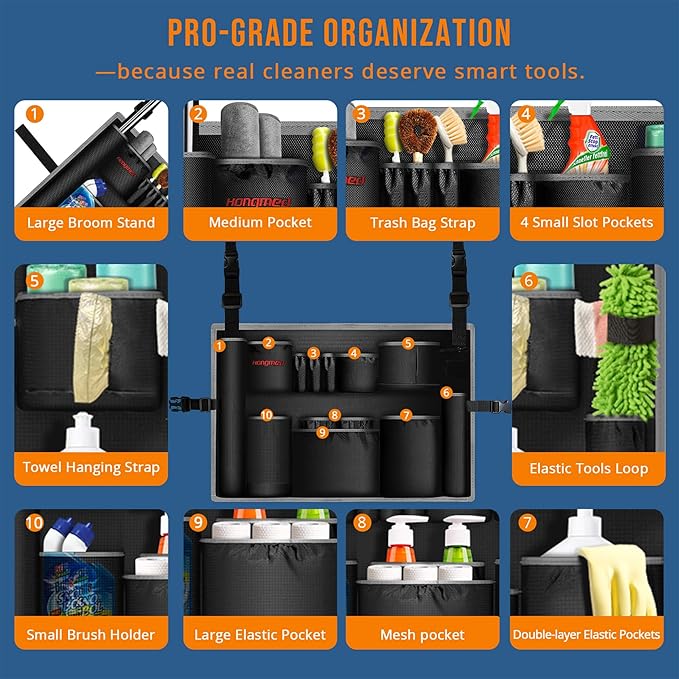 Trash Can Caddy Bag for 32-55 Gallon Garbage Bin, Hongmed Caddy for Commercial Cleaning Supplies, Multi-Pocket Utility Apron with Adjustable Straps, Heavy-Duty Nylon Organizer for Janitorial Duties