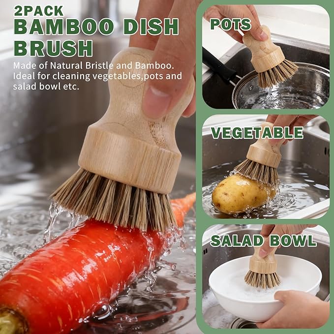 6 Pack Bamboo Dish Brush Set - 2pcs Palm Dish Scrubber and 4 Pieces Natural Kitchen Sponge for Dishes, Pots and Vegetables