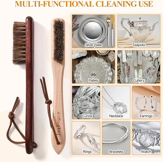 Horsehair Silver Cleaning Brush Set - 2PCS Premium Detailing Brush & Polishing Cloth for Silverware, Jewelry, Plateware & Sterling Silver