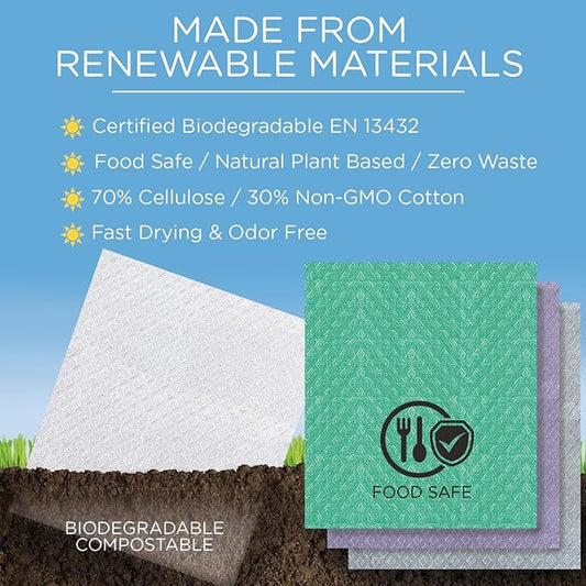 LOLA Swedish Dishcloths for Kitchen 10 Sheets, Biodegradable & Compostable Reusable Paper Towel Cleaning Cloths Zero Waste No Odor Washing Dishes Ultra Absorbent Cellulose Sponge Towel Made in Germany