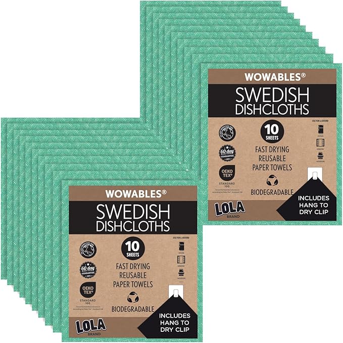 LOLA Swedish Dishcloths for Kitchen 20 Sheets, Biodegradable & Compostable Reusable Paper Towel Cleaning Cloths Zero Waste No Odor Washing Dishes Ultra Absorbent Cellulose Sponge Towel Made in Germany