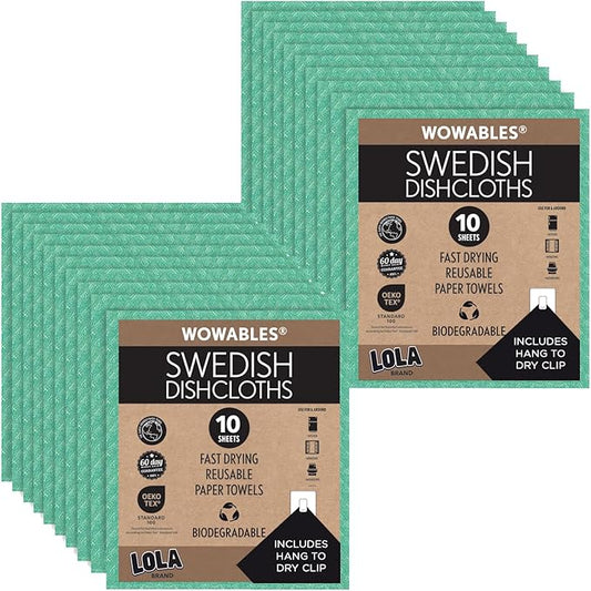 LOLA Swedish Dishcloths for Kitchen 20 Sheets, Biodegradable & Compostable Reusable Paper Towel Cleaning Cloths Zero Waste No Odor Washing Dishes Ultra Absorbent Cellulose Sponge Towel Made in Germany