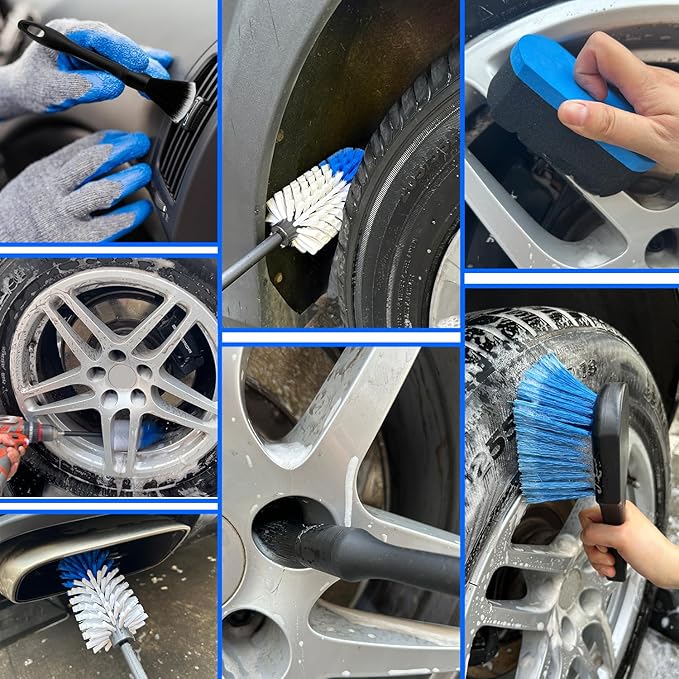 Wheel Brush Kit,Soft Drill Wheel Cleaner Brush, No Scratches Highly Dense Car Cleaning Brush Set for Wheels, Tire, Rims, Engines, Exhaust(Blue + White 3 Pk)